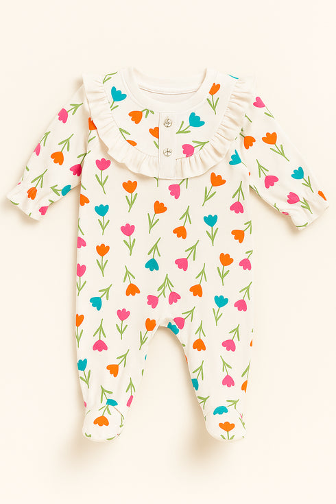 White Petal Play Frill Buttoned Interlock Sleepsuit