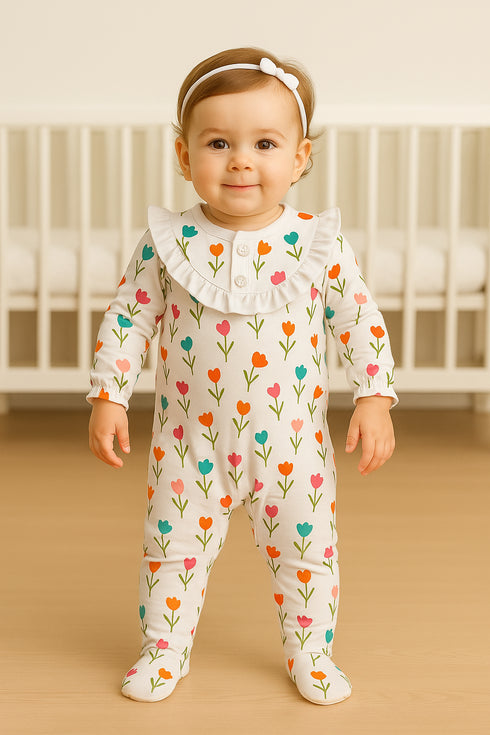 White Petal Play Frill Buttoned Interlock Sleepsuit