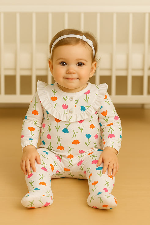White Petal Play Frill Buttoned Interlock Sleepsuit