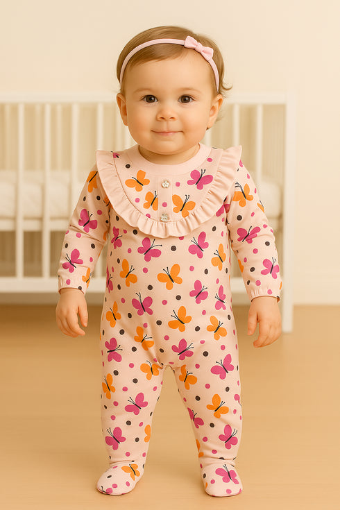 Butterfly Garden Frill Buttoned Interlock Sleepsuit