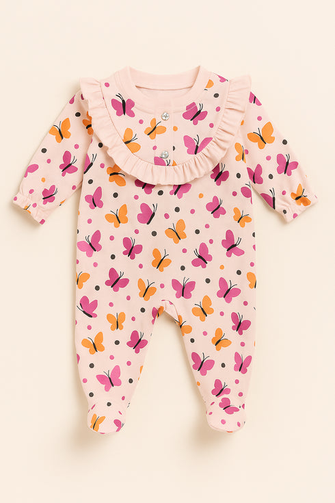 Butterfly Garden Frill Buttoned Interlock Sleepsuit