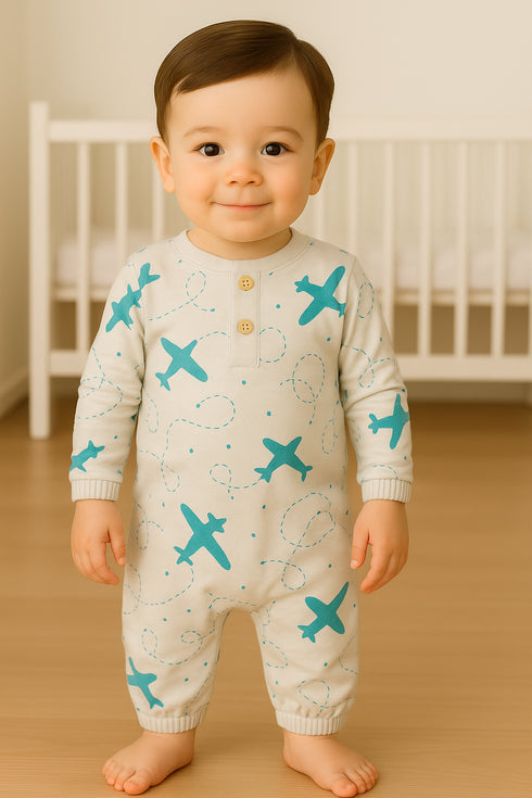 Little Aviator Grey Interlock Henley Sleepsuit