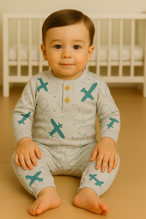 Little Aviator Grey Interlock Henley Sleepsuit