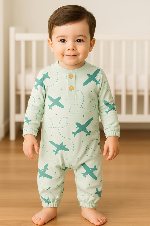 Little Aviator Green Interlock Henley Sleepsuit