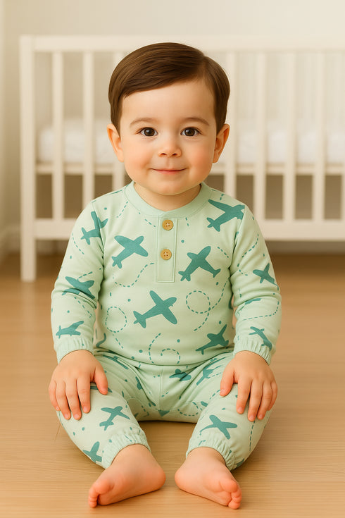 Little Aviator Green Interlock Henley Sleepsuit