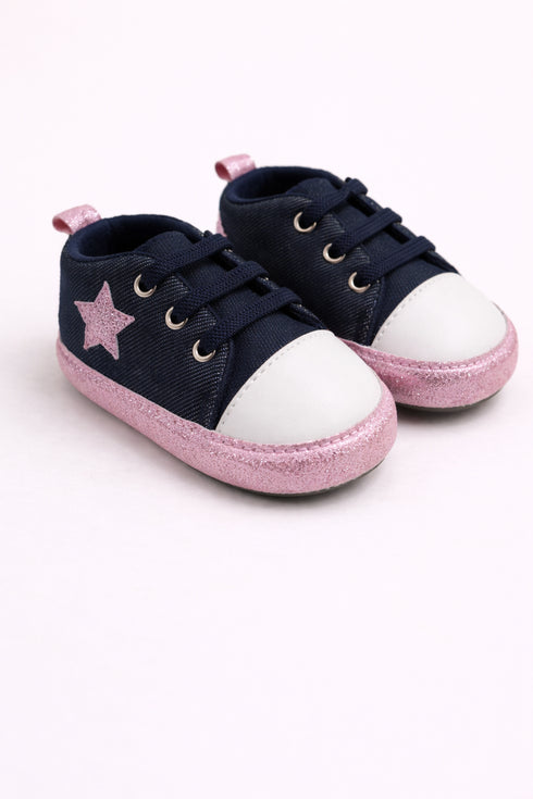 Pink Star Twinkle Navy Velcro Baby Sneakers