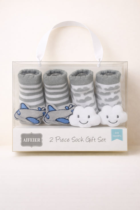 Airplane & Smiley Clouds Baby Socks Set (0-9 Months)