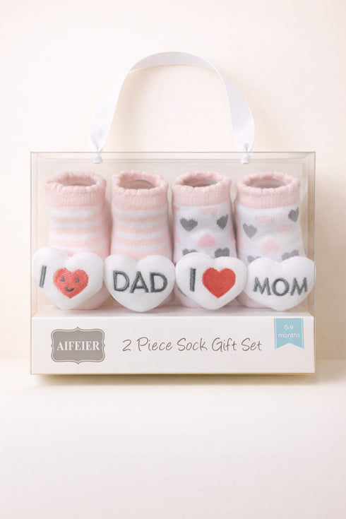 I Love Dad & Mom Baby Pink Socks Set (0-9 Months)