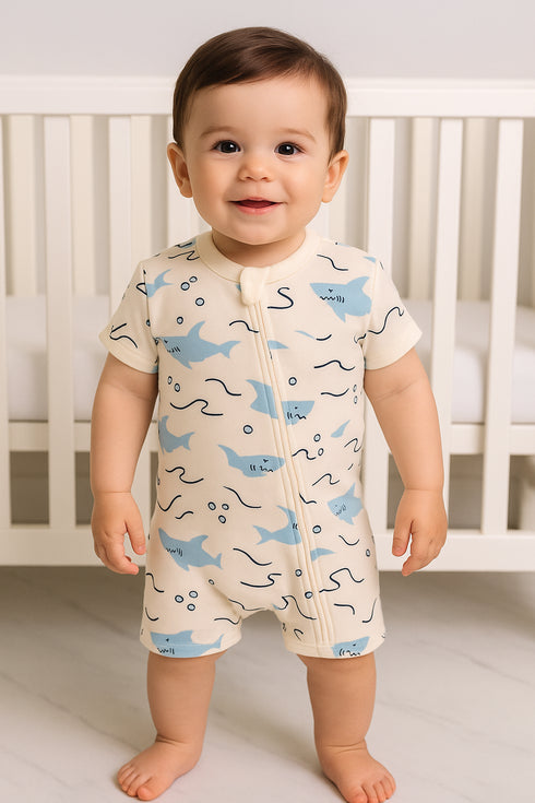 Cream Shark Printed Zip-Up Romper