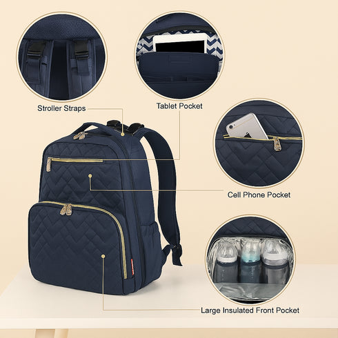 Morgan Quilted Diaper Backpack – Blue