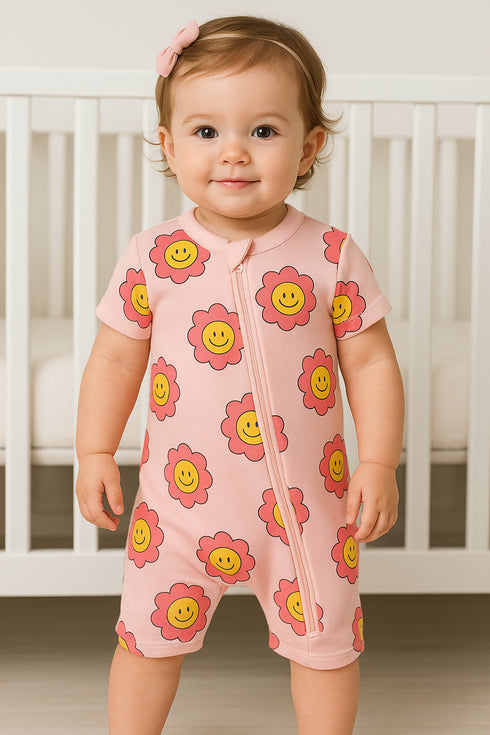 Smiley Flowers Printed Zip-Up Romper