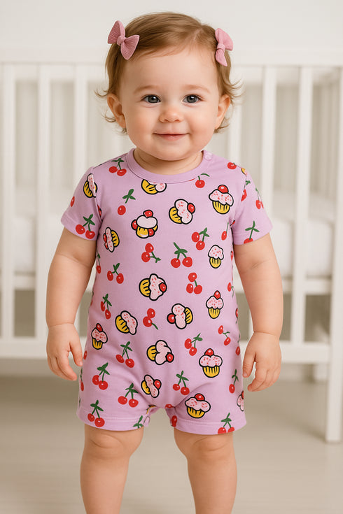 Lilac Cupcakes Printed Buttoned Romper