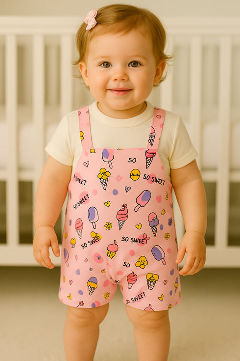 Pink Patterned Dungaree Romper