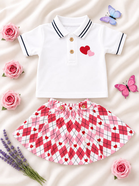 Hearts Printed Polo Skirt Set