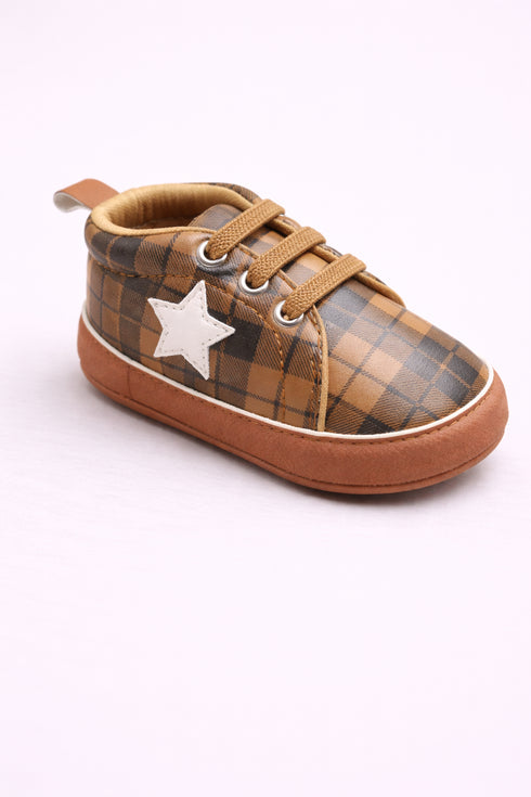 White Star Camel Checkered Velcro Baby Sneakers