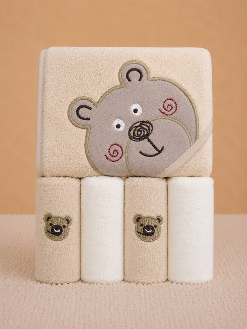 5-Pcs Baby Hooded Bath Towel Set with Bear Embroidery