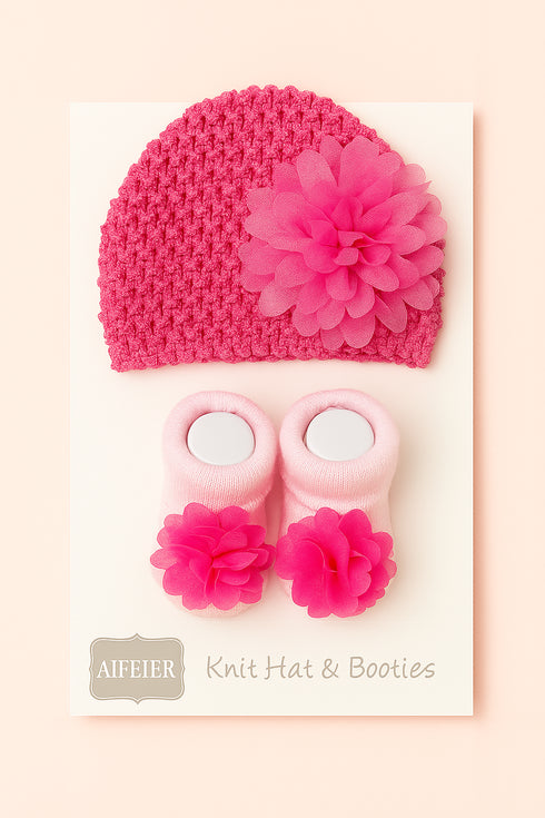 Dark Pink Knit Hat & Flower Booties Set
