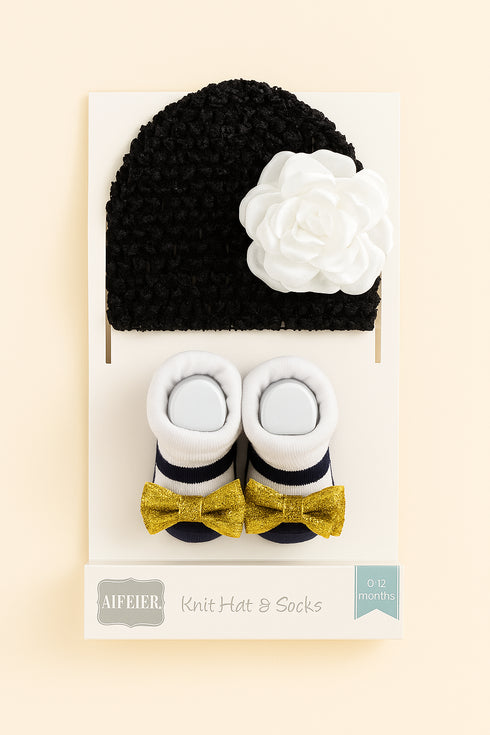 Black Knit Hat & Gold Bow Booties Set