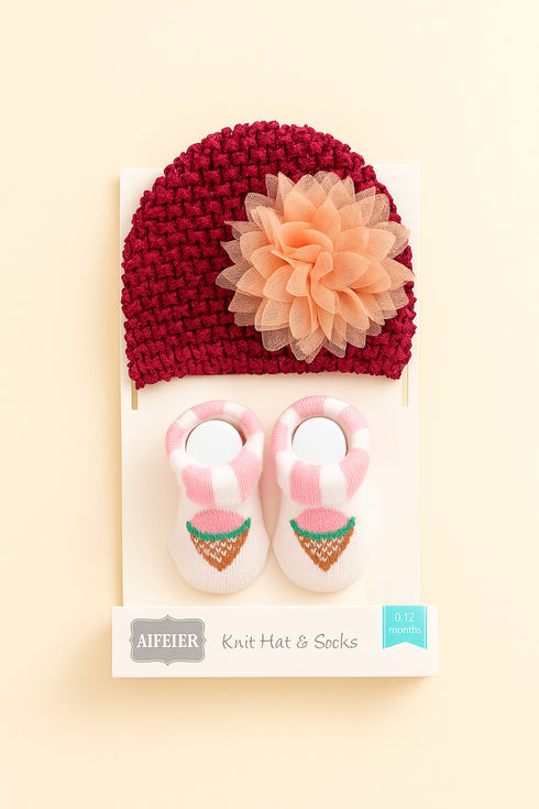 Maroon Knit Hat & Pink Stripe Booties Set