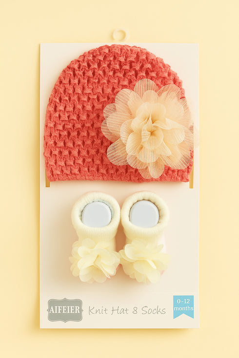 Magenta Knit Hat & Cream Flower Booties Set