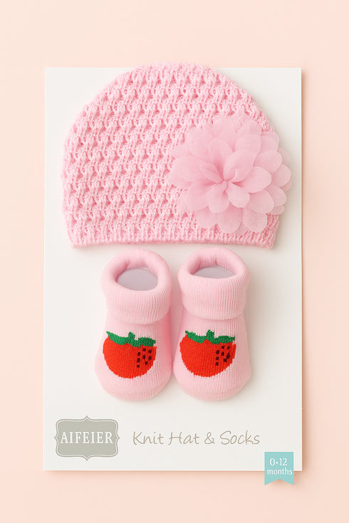 Baby Pink Knit Hat & Strawberry Booties Set