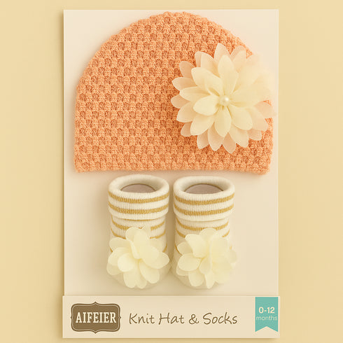 Peach Knit Hat & Cream Flower Booties Set