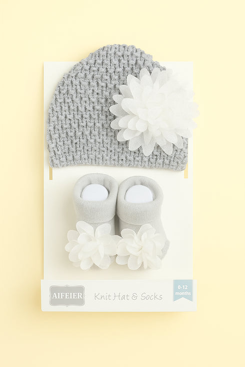 Gray Knit Hat & White Flower Booties Set