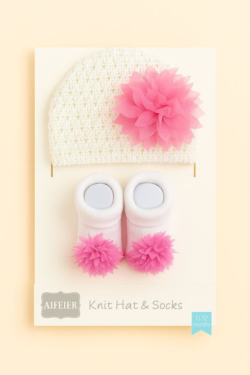 White Knit Hat & Pink Flower Booties Set