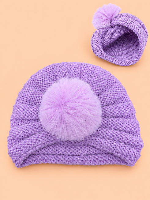Baby Crochet Knitted Plush Ball Beanie (Purple)