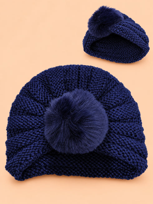 Baby Crochet Knitted Plush Ball Beanie (Navy)