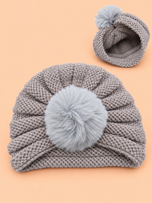 Baby Crochet Knitted Plush Ball Beanie (Grey)