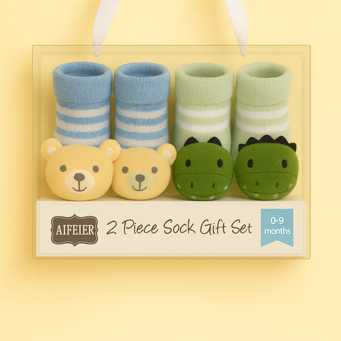 Blue Bear & Green Dino Baby Socks Set (0-9 Months)