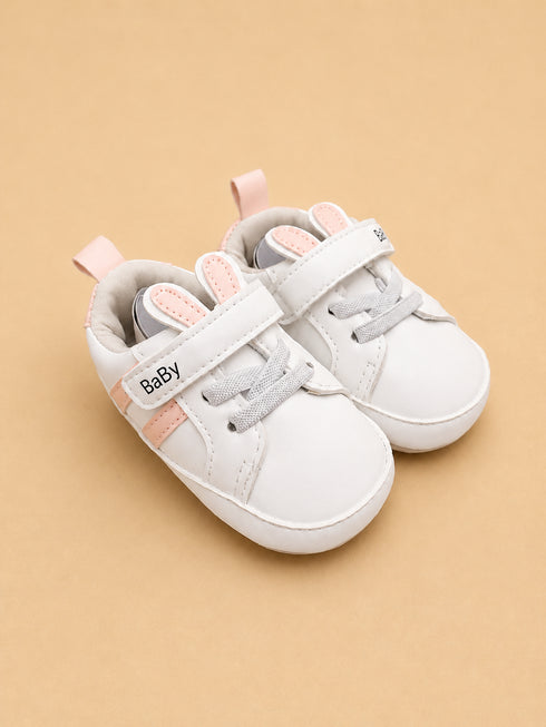 White & Blush Pink Bunny-Ear Baby Sneakers with Velcro Strap