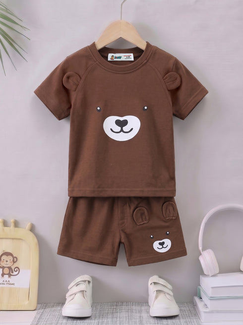 Playful Bear Raglan Interlock Short Set (Brown)