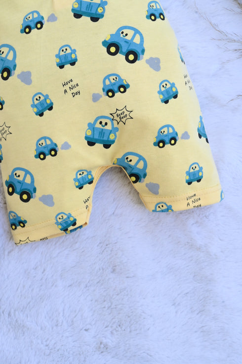 Blue Car Printed Buttoned-Up Romper