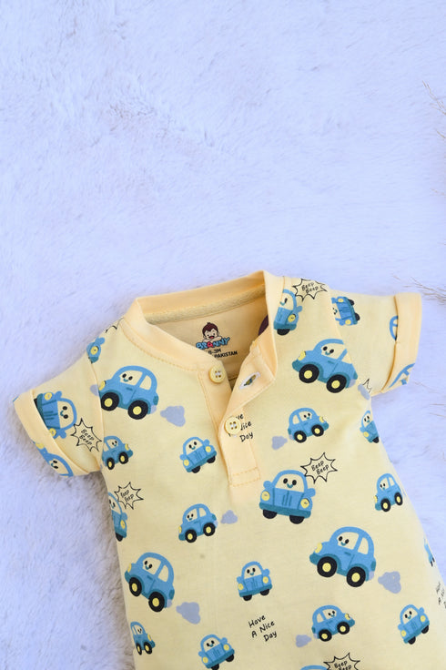 Blue Car Printed Buttoned-Up Romper