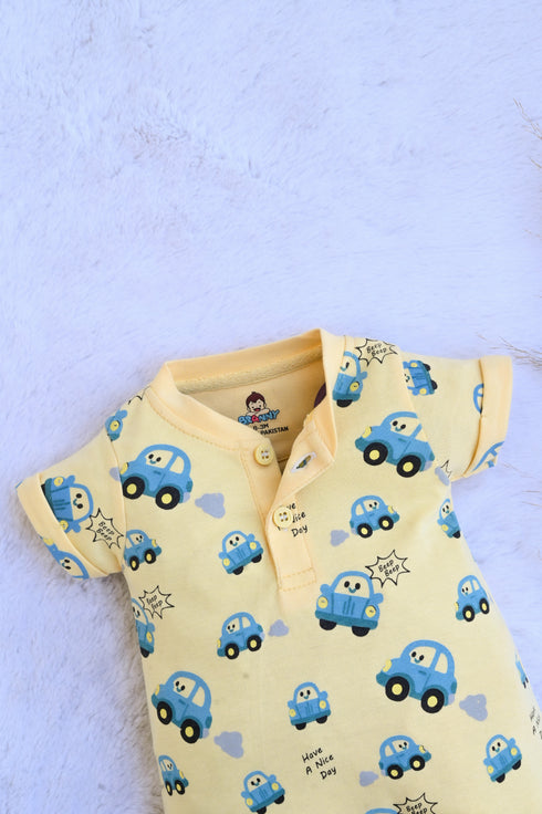Blue Car Printed Henley Romper
