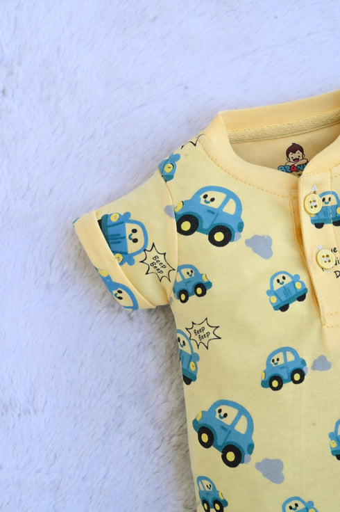 Blue Car Printed Buttoned-Up Romper