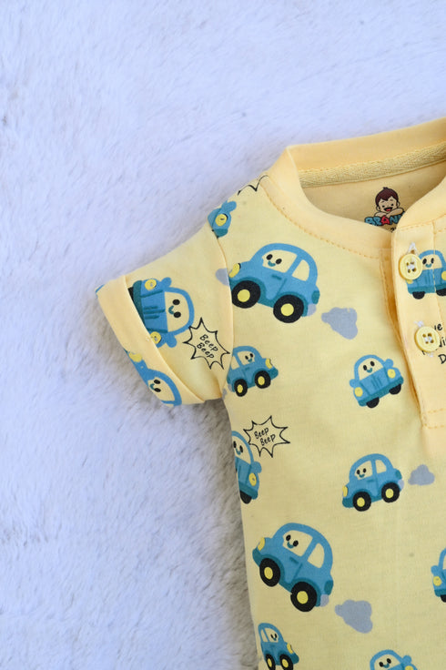 Blue Car Printed Henley Romper