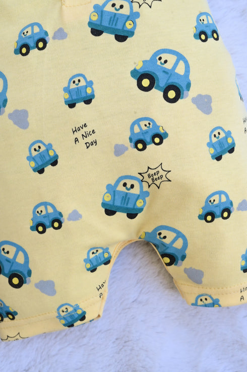 Blue Car Printed Buttoned-Up Romper