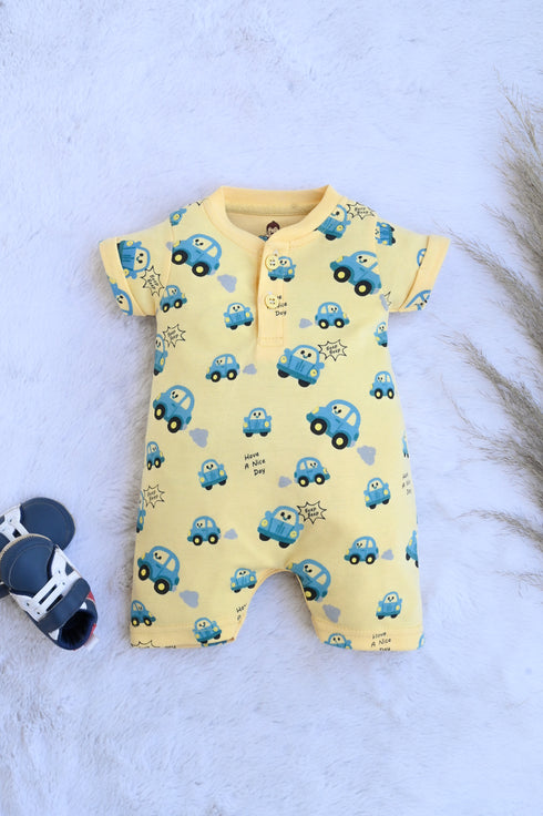 Blue Car Printed Henley Romper