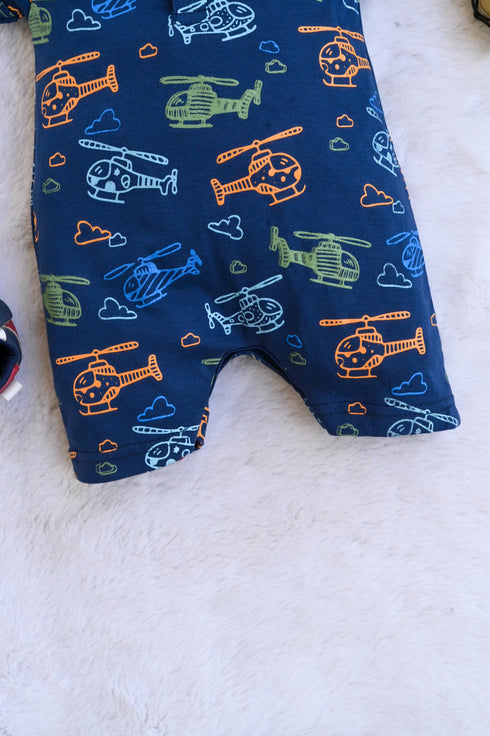 Navy Helicopter Buttoned-Up Romper