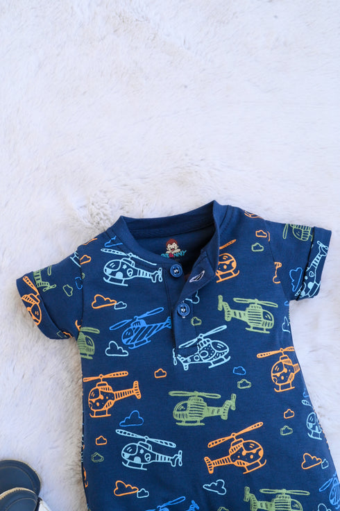 Navy Helicopter Buttoned-Up Romper
