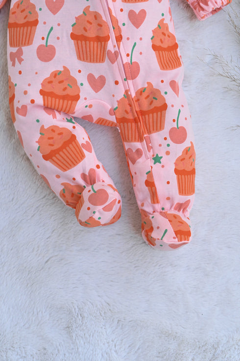 Cupcake Printed Frilled Zipper Interlock Footed Sleepsuit