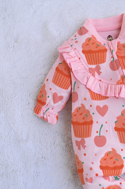 Cupcake Printed Frilled Zipper Interlock Footed Sleepsuit