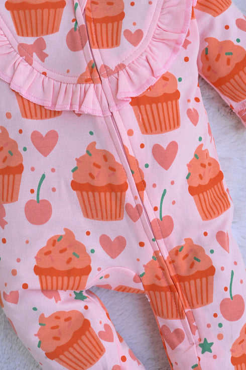 Cupcake Printed Frilled Zipper Interlock Footed Sleepsuit