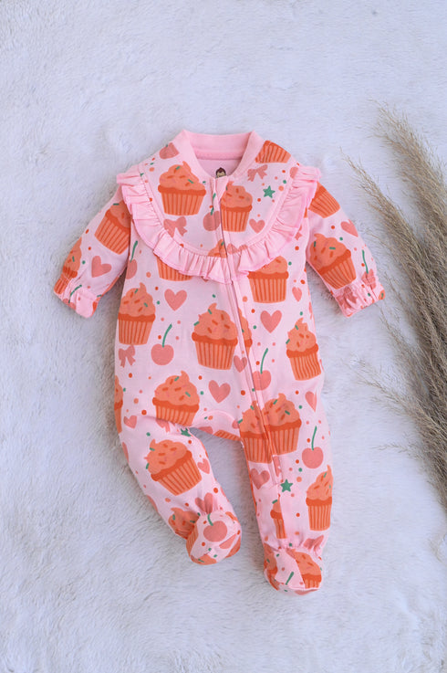 Cupcake Printed Frilled Zipper Interlock Footed Sleepsuit