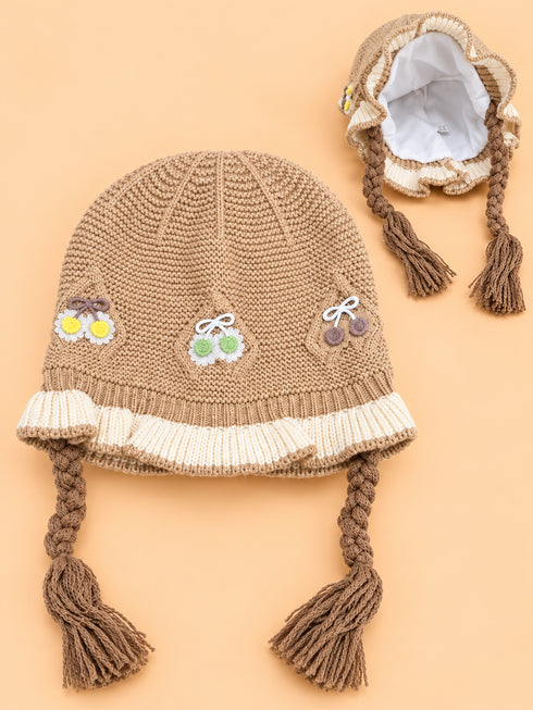 Floral Embroidered Knitted Beanies (Beige)