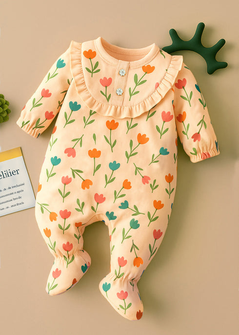 Pink Petal Play Frill Buttoned Interlock Sleepsuit