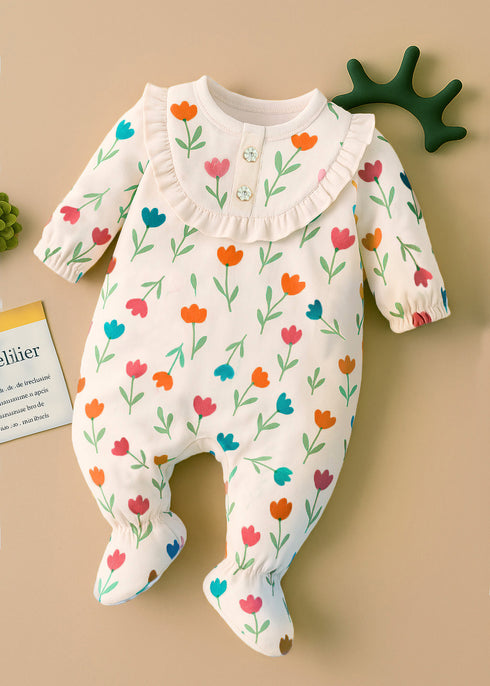 White Petal Play Frill Buttoned Interlock Sleepsuit